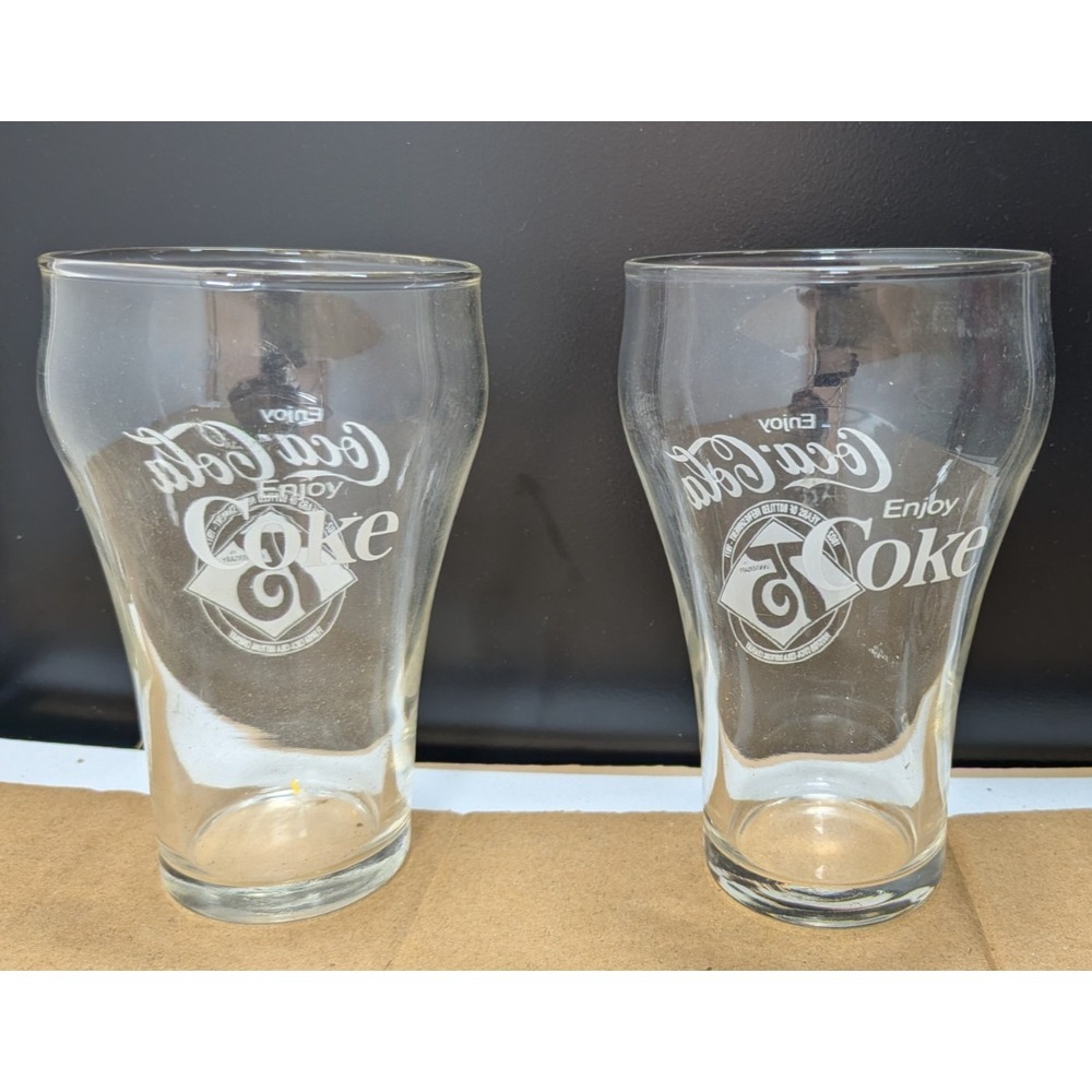 Set of 2 75th Anniversary Coca Cola Enjoy Coke Clear Juice Glasses 10 oz Vintage